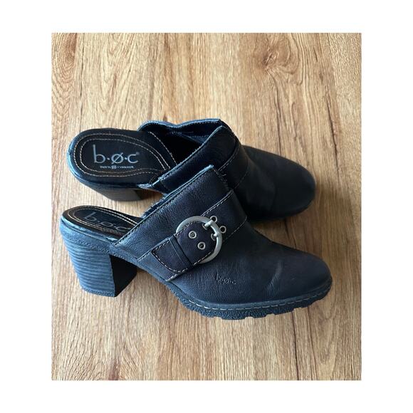 Born B.O.C. Black Leather Block Heel Clog Mules Size 9 - Picture 1 of 6
